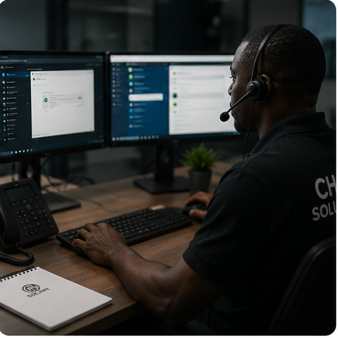 Remote support helpdesk technician at workstation